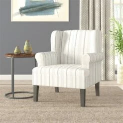 HomePop Emerson Wood & Fabric Stripe Pattern Wingback Accent Chair In White/Blue -Chair Promotion Store 2439084 1 L