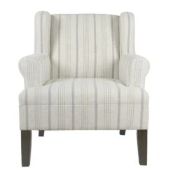 HomePop Emerson Wood & Fabric Stripe Pattern Wingback Accent Chair In White/Blue -Chair Promotion Store 2439084 2 L