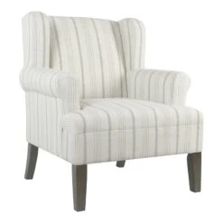 HomePop Emerson Wood & Fabric Stripe Pattern Wingback Accent Chair In White/Blue -Chair Promotion Store 2439084 L