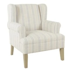 HomePop Emerson Wood & Fabric Stripe Pattern Wingback Accent Chair In White/Blue