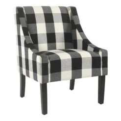 HomePop Wood And Fabric Plaid Pattern Swoop Arm Accent Chair In Black -Chair Promotion Store 2439134 L
