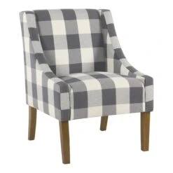 HomePop Wood And Fabric Plaid Pattern Swoop Arm Accent Chair In Black -Chair Promotion Store 2439136 L