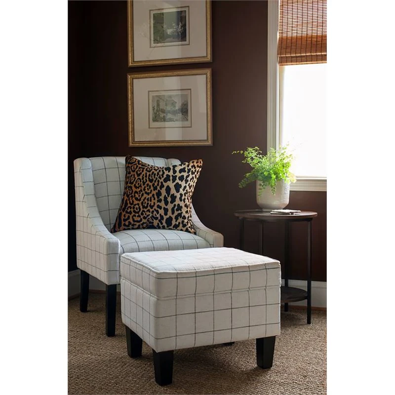 HomePop Wood And Fabric Windowpane Pattern Swoop Arm Accent Chair In White 2 HomePop Wood And Fabric Windowpane Pattern Swoop Arm Accent Chair In White - Image 2