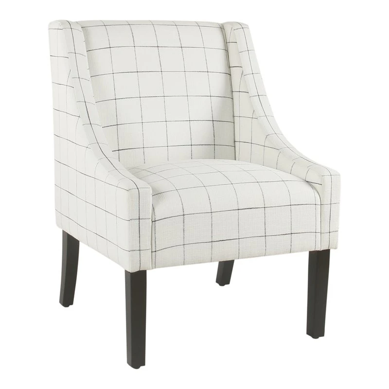 HomePop Wood And Fabric Windowpane Pattern Swoop Arm Accent Chair In White 1 HomePop Wood And Fabric Windowpane Pattern Swoop Arm Accent Chair In White
