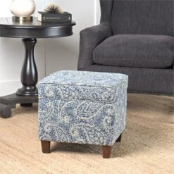 HomePop Cole Square Transitional Wood And Fabric Storage Ottoman In Blue -Chair Promotion Store 2439250 3 L