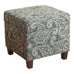 HomePop Cole Square Transitional Wood And Fabric Storage Ottoman In Blue