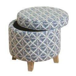 HomePop Cole Round Transitional Wood And Fabric Storage Ottoman In Blue -Chair Promotion Store 2439276 2 L
