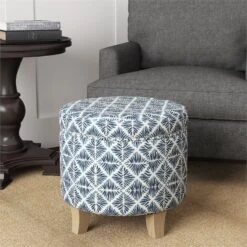 HomePop Cole Round Transitional Wood And Fabric Storage Ottoman In Blue -Chair Promotion Store 2439276 4 L