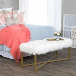 HomePop Rectangle Transitional Wood And Faux Fur Bench In Pink -Chair Promotion Store 2439289 1 L