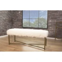 HomePop Rectangle Transitional Wood And Faux Fur Bench In Pink -Chair Promotion Store 2439289 6 L