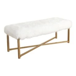 HomePop Rectangle Transitional Wood And Faux Fur Bench In Pink -Chair Promotion Store 2439289 L