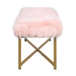 HomePop Rectangle Transitional Wood And Faux Fur Bench In Pink -Chair Promotion Store 2439290 2 L