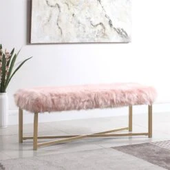 HomePop Rectangle Transitional Wood And Faux Fur Bench In Pink -Chair Promotion Store 2439290 7 L