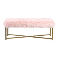 HomePop Rectangle Transitional Wood And Faux Fur Bench In Pink