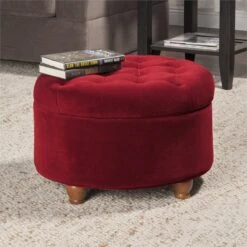 HomePop Round Traditional Wood And Velvet Storage Ottoman In Red -Chair Promotion Store 2439312 7 L