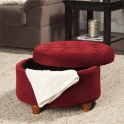 HomePop Round Traditional Wood And Velvet Storage Ottoman In Red -Chair Promotion Store 2439312 8 L