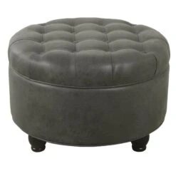 HomePop Round Traditional Wood And Faux Leather Large Storage Ottoman In Gray 25 HomePop Round Traditional Wood And Faux Leather Large Storage Ottoman In Gray -Chair Promotion Store 2439314 1 L