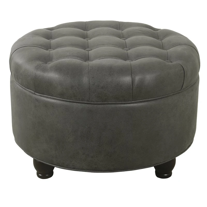 HomePop Round Traditional Wood And Faux Leather Large Storage Ottoman In Gray 10 HomePop Round Traditional Wood And Faux Leather Large Storage Ottoman In Gray - Image 10