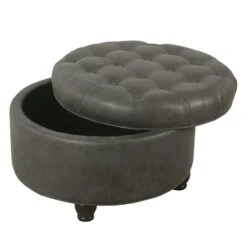 HomePop Round Traditional Wood And Faux Leather Large Storage Ottoman In Gray 27 HomePop Round Traditional Wood And Faux Leather Large Storage Ottoman In Gray -Chair Promotion Store 2439314 3 L