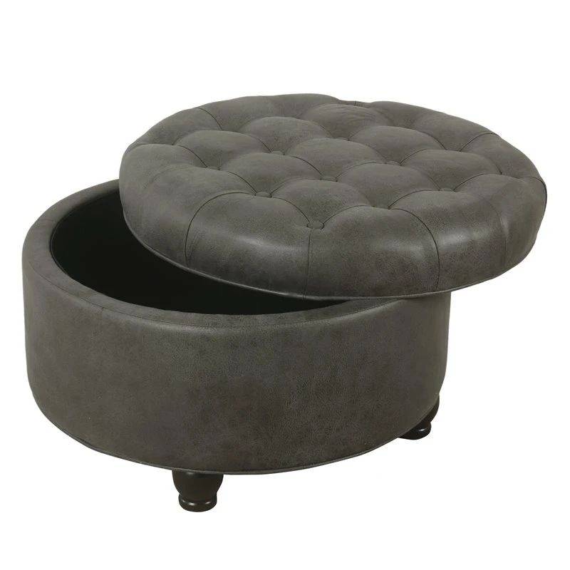 HomePop Round Traditional Wood And Faux Leather Large Storage Ottoman In Gray 12 HomePop Round Traditional Wood And Faux Leather Large Storage Ottoman In Gray - Image 12