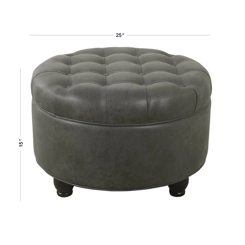 HomePop Round Traditional Wood And Faux Leather Large Storage Ottoman In Gray 16 HomePop Round Traditional Wood And Faux Leather Large Storage Ottoman In Gray - Image 16