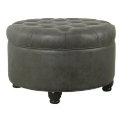 HomePop Round Traditional Wood And Faux Leather Large Storage Ottoman In Gray 24 HomePop Round Traditional Wood And Faux Leather Large Storage Ottoman In Gray -Chair Promotion Store 2439314 L