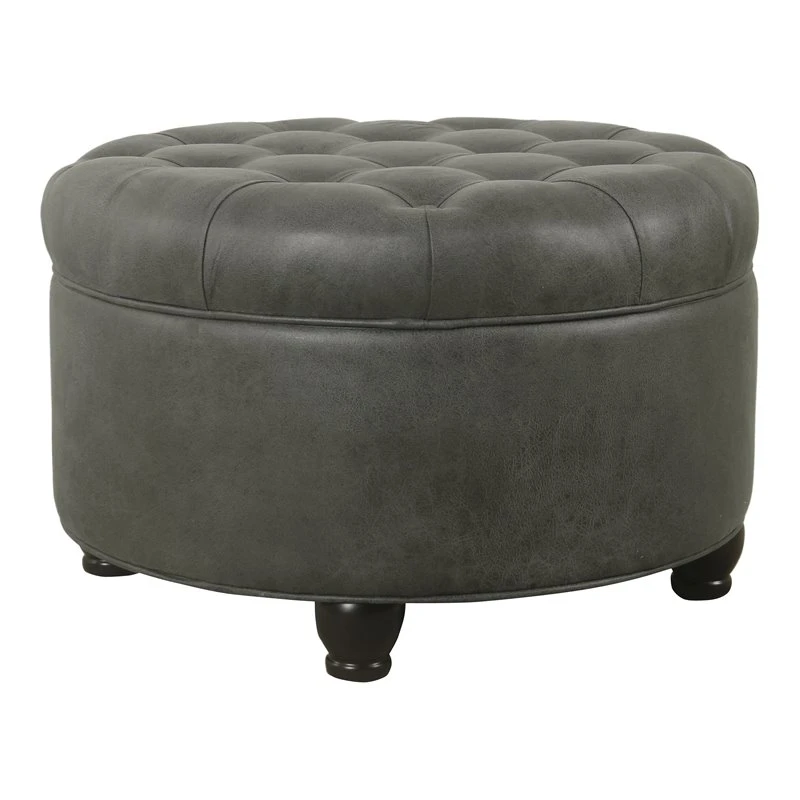 HomePop Round Traditional Wood And Faux Leather Large Storage Ottoman In Gray 9 HomePop Round Traditional Wood And Faux Leather Large Storage Ottoman In Gray - Image 9