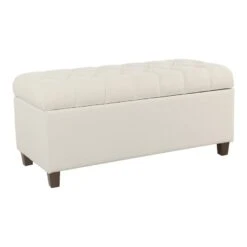 HomePop Ainsley Traditional Fabric Button Tufted Storage Bench In Cream Finish