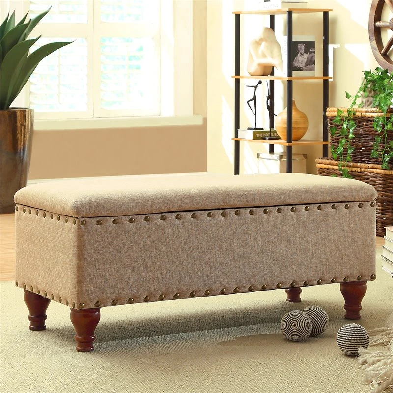 HomePop Rectangle Traditional Fabric Storage Bench With Nailhead Trim In Tan 2 HomePop Rectangle Traditional Fabric Storage Bench With Nailhead Trim In Tan - Image 2
