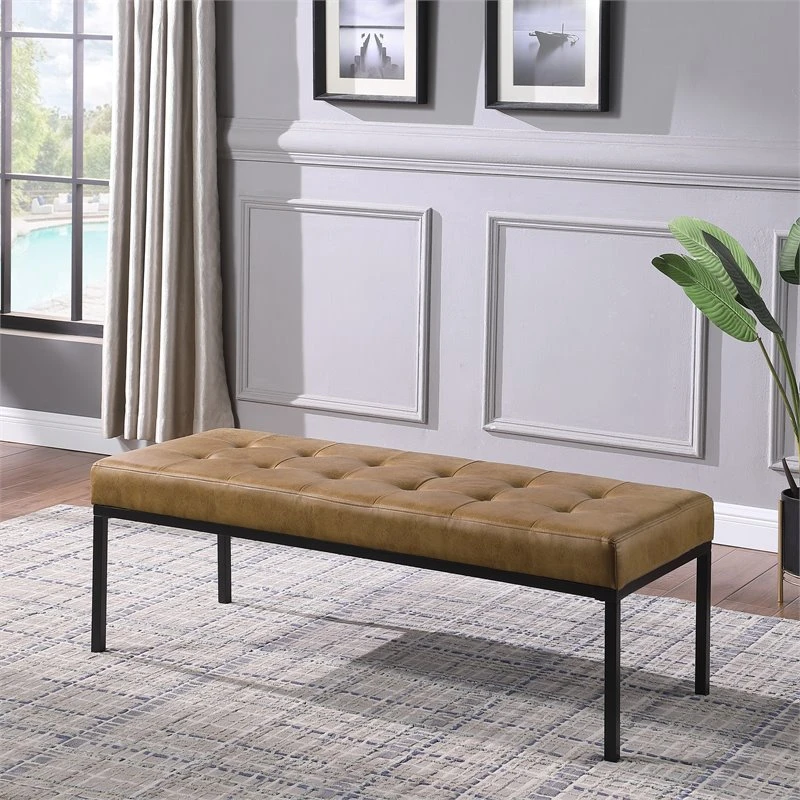 HomePop Tufted Modern Metal And Vegan Faux Leather Bench In Brown/Matte Black 9 HomePop Tufted Modern Metal And Vegan Faux Leather Bench In Brown/Matte Black - Image 9