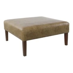HomePop Square Transitional Wood And Vegan Faux Leather Ottoman In Light Brown