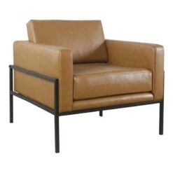 HomePop Modern Faux Leather Accent Chair With Matte Black Metal Legs In Brown