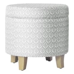 HomePop Round Transitional Fabric Storage Ottoman In Light Gray