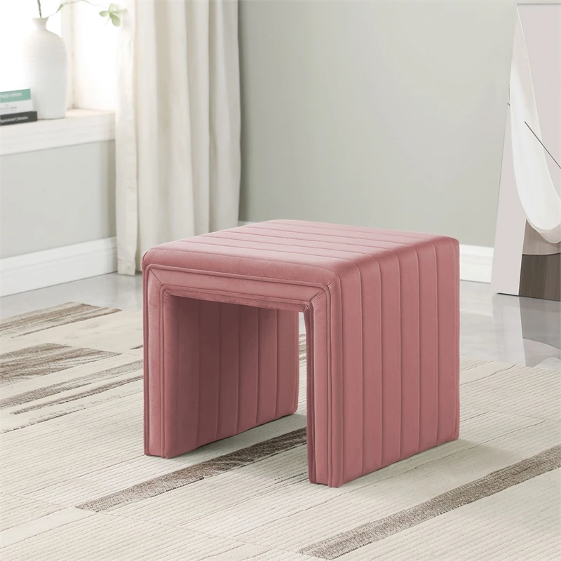 HomePop 16.5" Modern Velvet Decorative Ottoman In Blush Pink 2 HomePop 16.5" Modern Velvet Decorative Ottoman In Blush Pink - Image 2