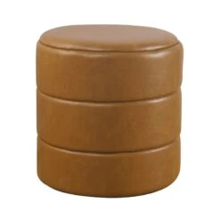 HomePop Round Faux Leather Upholstered Decorative Ottoman In Carmel Brown -Chair Promotion Store 2675961 2 L