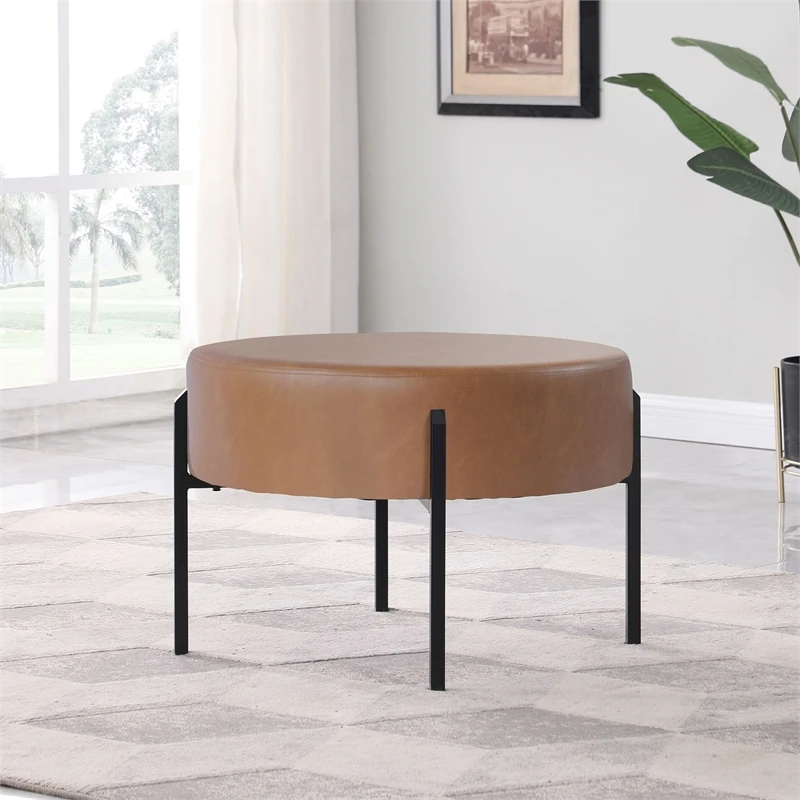 HomePop Modern Faux Leather Decorative Ottoman In Carmel Brown 2 HomePop Modern Faux Leather Decorative Ottoman In Carmel Brown - Image 2