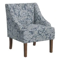 HomePop Classic Fabric Swoop Arm Chair In Blue Denim Jacobean Print