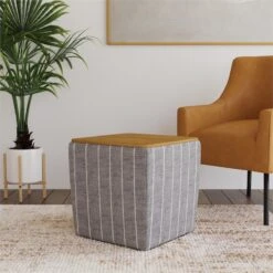 HomePop 19" Transitional Fabric Storage Ottoman With Wood Top In Gray/Navy -Chair Promotion Store 2762596 1 L