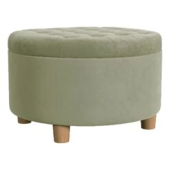 HomePop 17" Transitional Round Fabric Storage Ottoman In Light Sage Green
