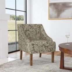 HomePop Classic Fabric Swoop Arm Chair In Brown Jacobean Print -Chair Promotion Store 2762602 1 L