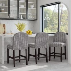 HomePop 27" Upholstered Fabric Counter Stool In Gray/Navy Midnight Stripe -Chair Promotion Store 2762623 1 L