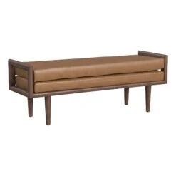 HomePop 17" Transitional Faux Leather & Wood Bench In Caramel/Walnut
