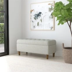 HomePop 18" Button Tufted Fabric & Wood Storage Bench In Gray/Walnut -Chair Promotion Store 2762640 1 L