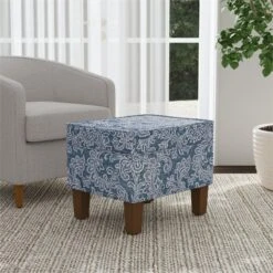 HomePop 18" Medium Fabric Storage Ottoman In Blue Denim Jacobean Print -Chair Promotion Store 2762643 1 L