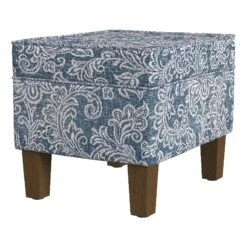 HomePop 18" Medium Fabric Storage Ottoman In Blue Denim Jacobean Print