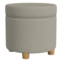 HomePop 18" Transitional Round Fabric Storage Ottoman In Fawn Gray