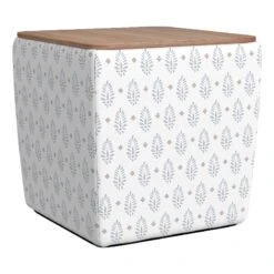 HomePop 19" Transitional Fabric Storage Ottoman With Wood Top In Cream/Sage