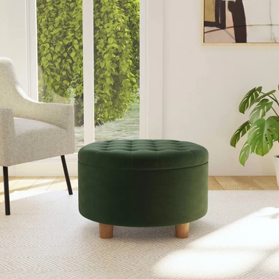 Tufted Round Storage Ottoman Loden Green Velvet - HomePop 2 Tufted Round Storage Ottoman Loden Green Velvet - HomePop - Image 2